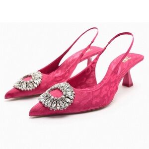 Zara NWT Fuchsia Embellished Heeled Slingbacks size 10